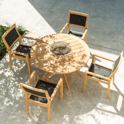 Alexander Rose Roble Wooden 4 Seat Round Set with Cross Base and Charcoal Sling Chairs