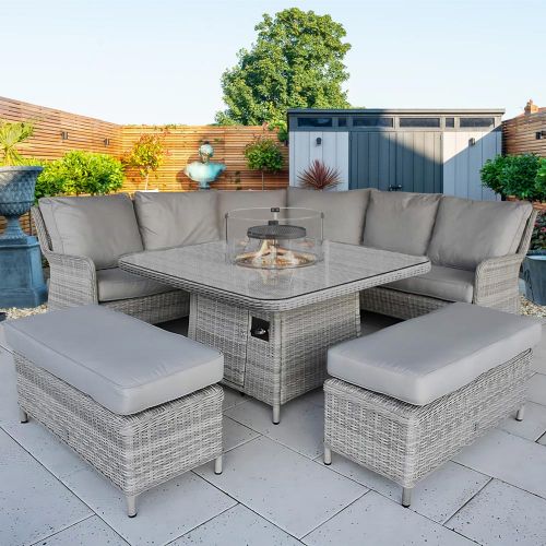 Hamilton Rattan Corner Bench Set with Gas Fire Pit Table