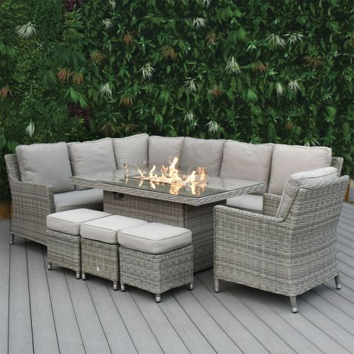 Hamilton Rattan Corner Dining Set with Rectangular Gas Firepit Table and Armchair