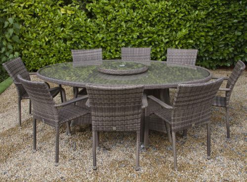Boston 8 Seater Oval Rattan Furniture With Lazy Susan and Oliviera Stacking Chairs