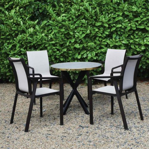 4 Seater Royal Marble Tavilio Curio Brass 80cm Round Bistro Table & Pacific Chairs in Brown